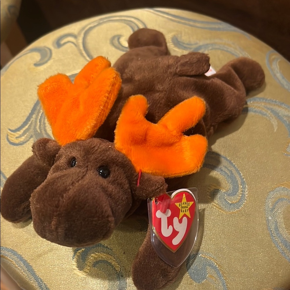 Ty Brown Plush Moose with Bright Orange Antlers